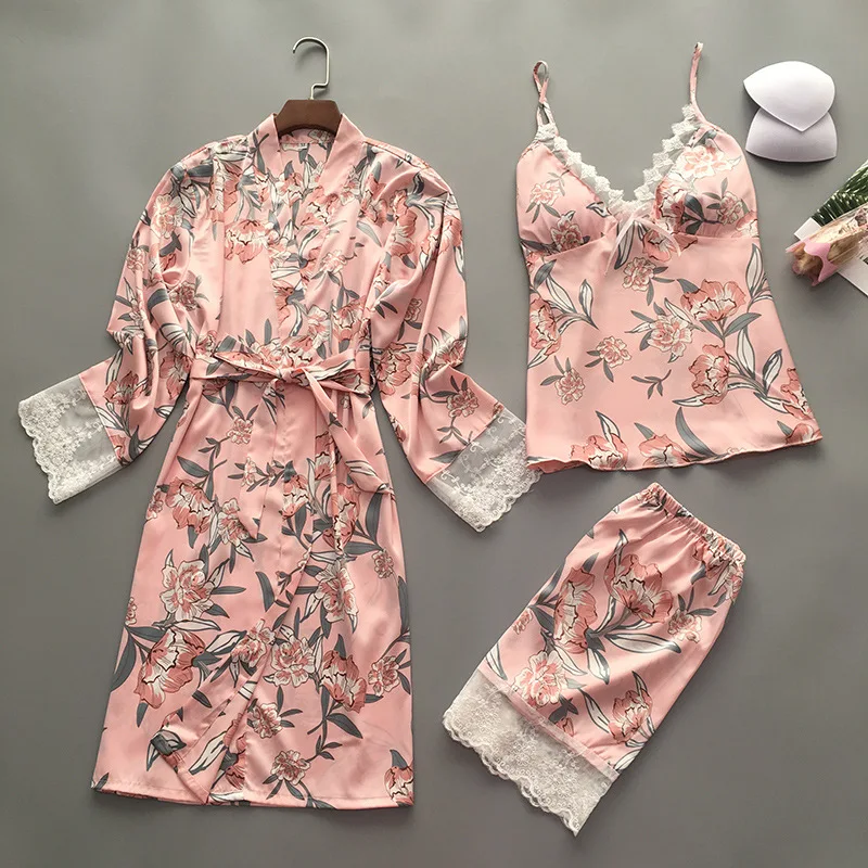 5 шт. халат платье наборы атласная Цветочная пижама набор женский кружевной искусственный шелк Домашняя одежда с длинным рукавом Брюки ночная рубашка осень - Цвет: 3 PCS  Pink