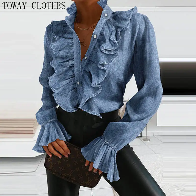 

Autumn Winter Women Shirt Loose Casual Solid Color Ruffles Puffed Sleeve Blouse Blue Elegant Female Lady Blouse Top Shirts