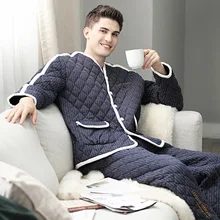 Мужская пижама, зимняя, утолщенная, теплая, хлопок, Мужская пижама, с длинным рукавом, v-образный вырез, одежда для сна, домашняя одежда, мужской кардиган, домашняя одежда