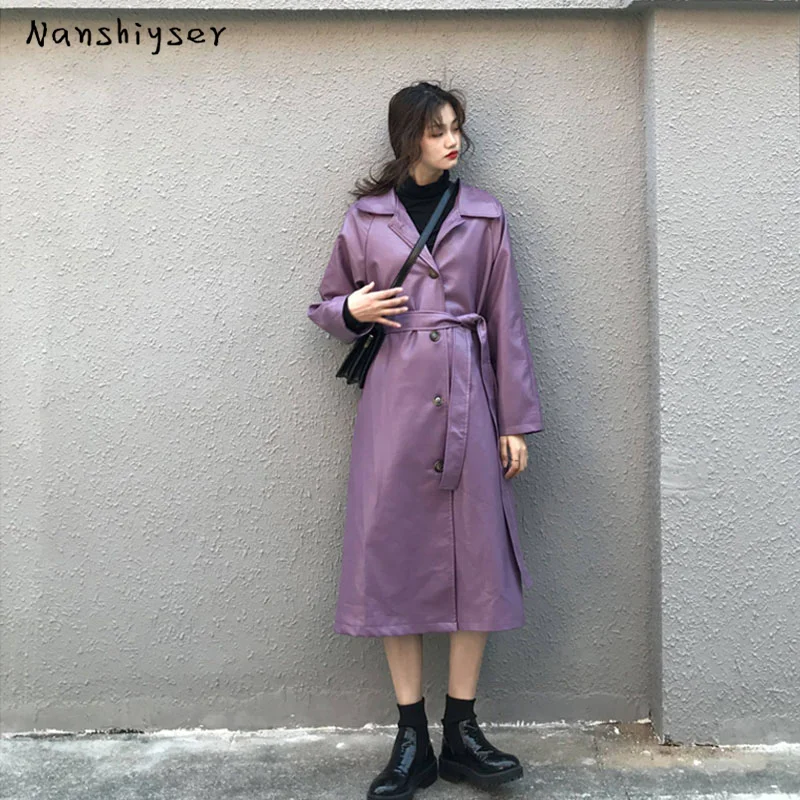 

Women Faux Pu Leather Purple Plus Size Long Trench New Lapel Long Sleeve Loose Biker Leather Windbreaker Autumn 2020 Streetwear