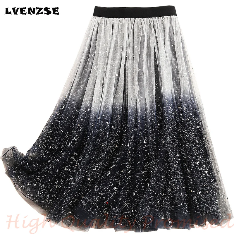 

LVENZSE Autumn Skirt Mesh Skirts New Fashion Style 2019 Slender Star Sequin Mesh Half-length Skirt for Women Faldas Mujer Moda