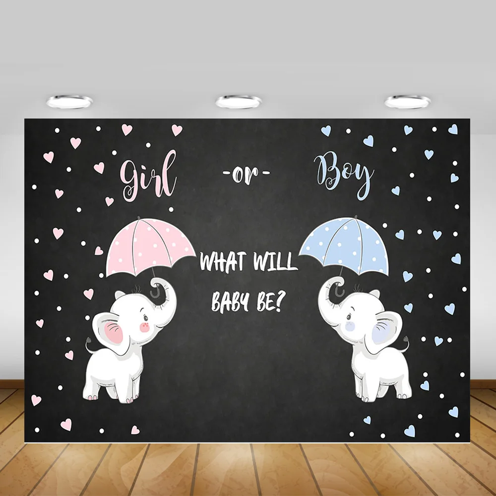 Girl or Boy Newborn Baby Shower Backdrop for Photography Elephant Themed Gender Reveal Party Background Heart-shaped Pink Blu |