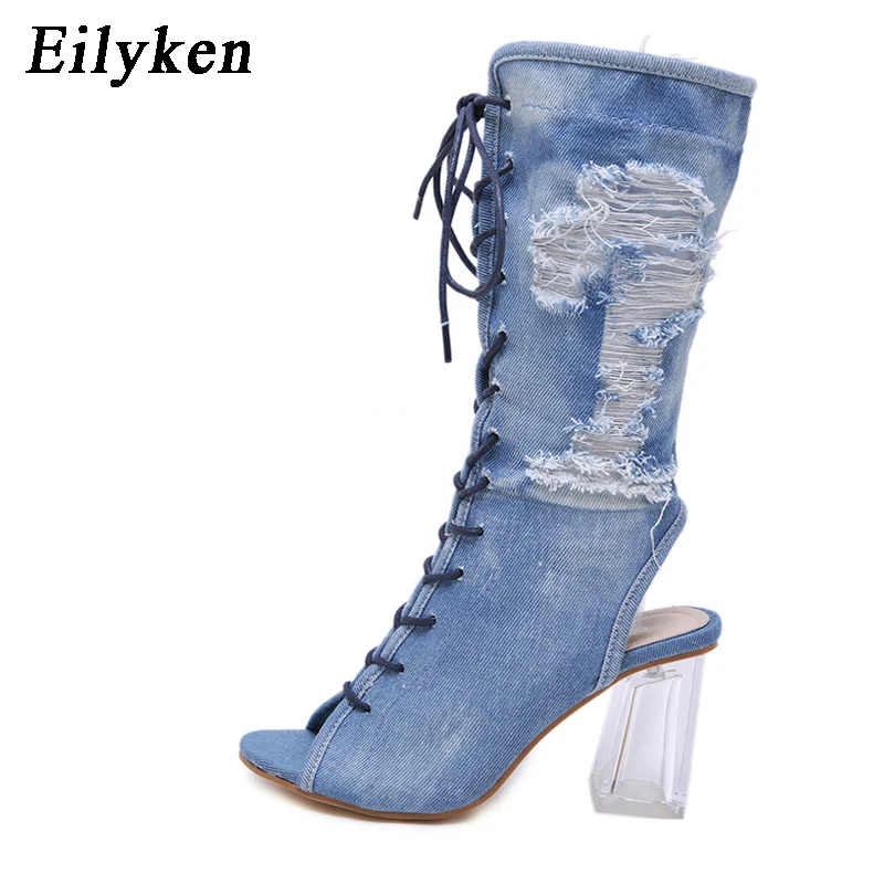 Blue Eilyken/Новинка года; женские ботильоны; синие джинсовые сандалии-гладиаторы со стразами; Прозрачные Высокие каблуки; сандалии с перекрестной шнуровкой; женские ботинки с открытым носком - Цвет: Blue