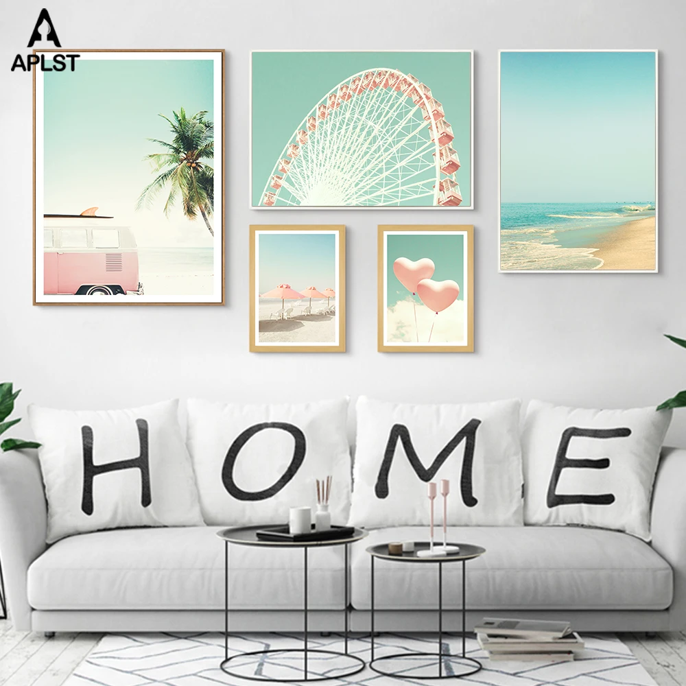 

Pink Ferris Wheel Beach Bus Love Balloon California Sea Canvas Prints Painting Nordic Landscape Posters Living Room Wall Picture