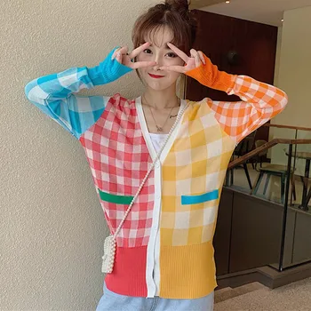 

Women Sweaters Fashion Plaid V-neck Cardigan Female Slim Long-sleeved Knit Jacket Colorful Sweaters