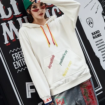 

Letter Print Drop Shoulder Hoodie Women Red Pullovers Spring Autumn Ladies Hooded Full Sleeve Sweatshirt Korean Style LT581S30