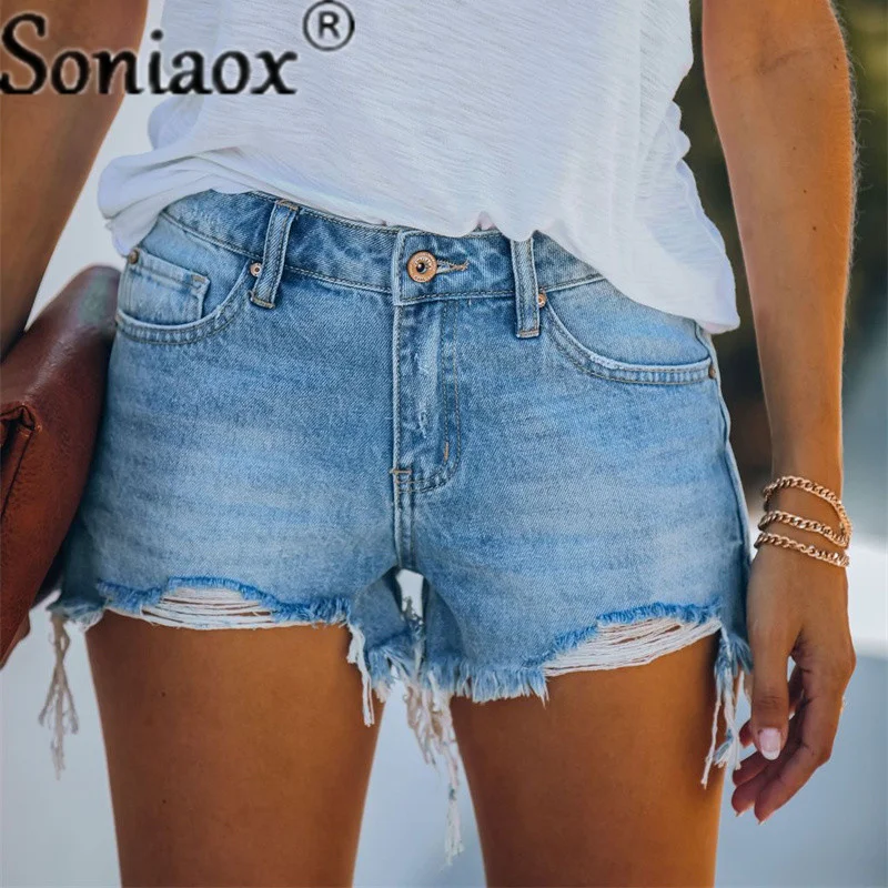 Women Slim Tassels Hole Denim Shorts Ladies Fashion Casual Summer Street Denim Shorts High Waist Sexy Solid Color Wash Shorts