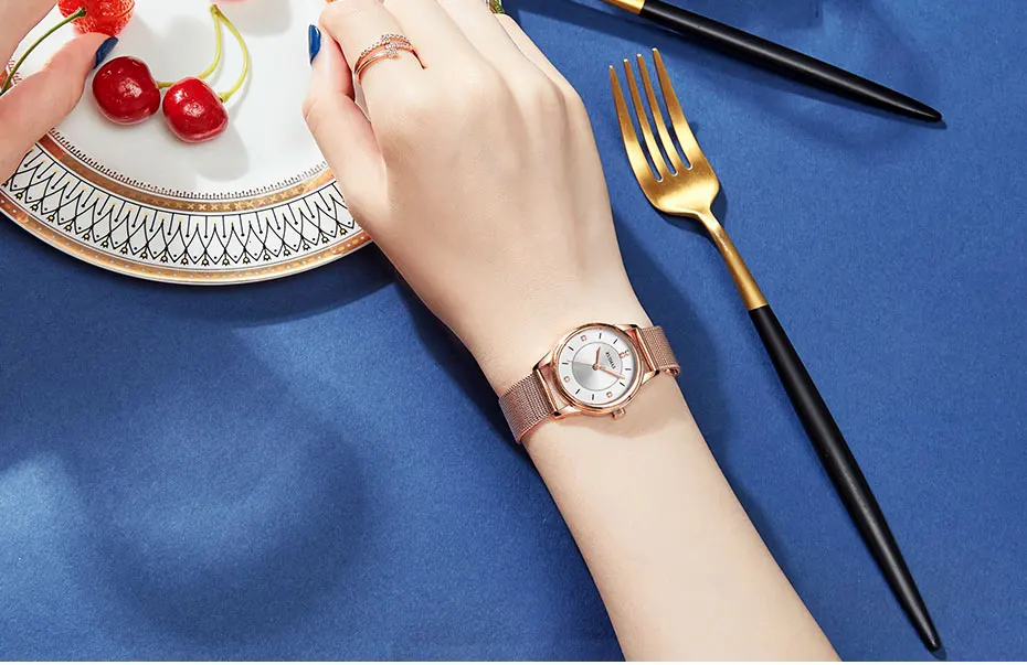 RUIMAS стильные розовое золото женские наручные часы Роскошные сетчатые наручные часы женские водонепроницаемые часы Relogios Feminino S6779 красный