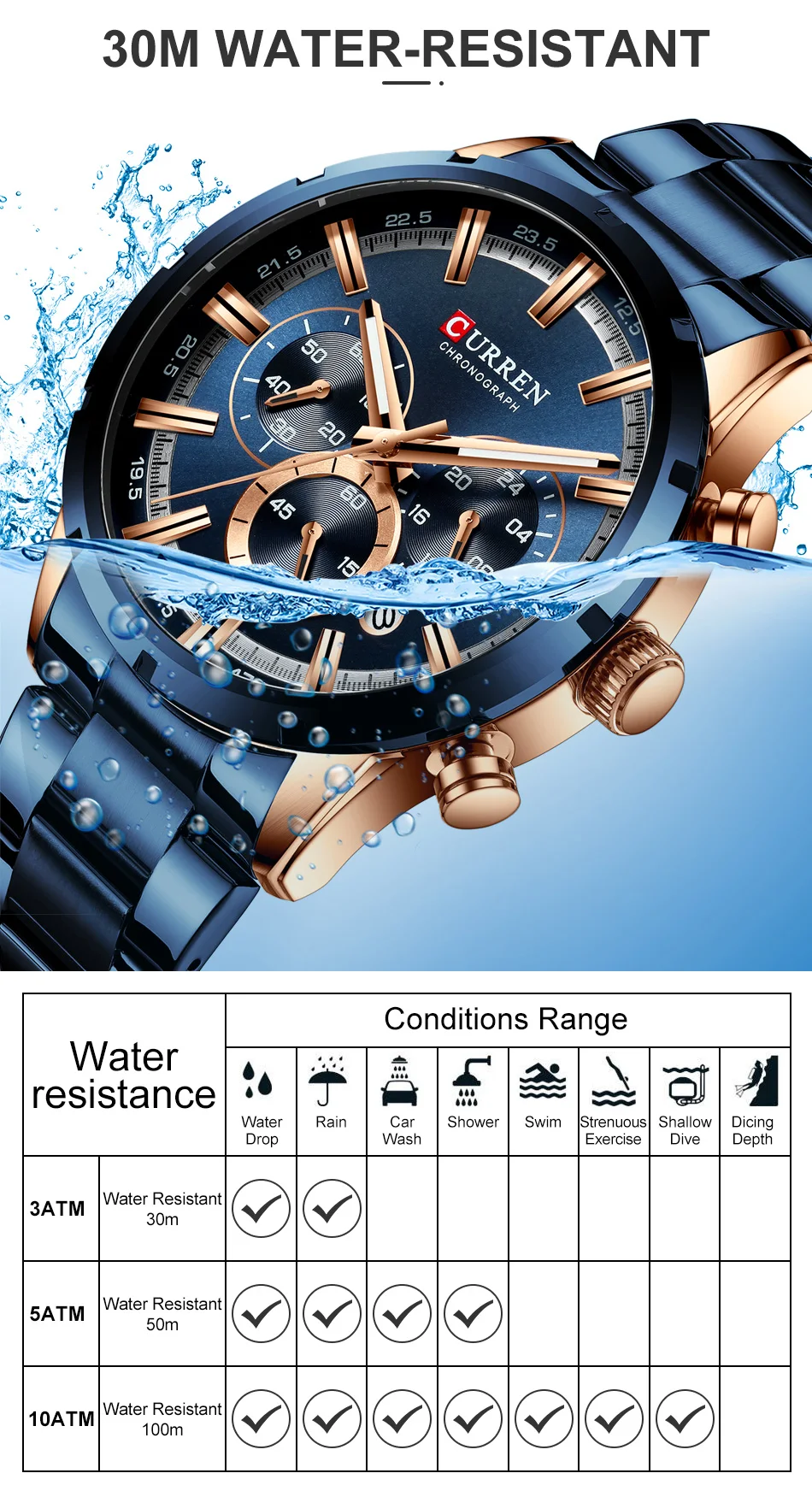 Мужские часы CURREN от ведущего бренда, спортивные роскошные кварцевые мужские часы, полностью стальные водонепроницаемые наручные часы с хронографом, мужские часы