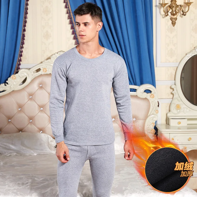 Light Gray Мужское зимнее теплое термобелье, утолщенное с бархатным круглым воротником, подштанники, костюм для мужчин размера плюс, нижнее белье - Цвет: Light Gray