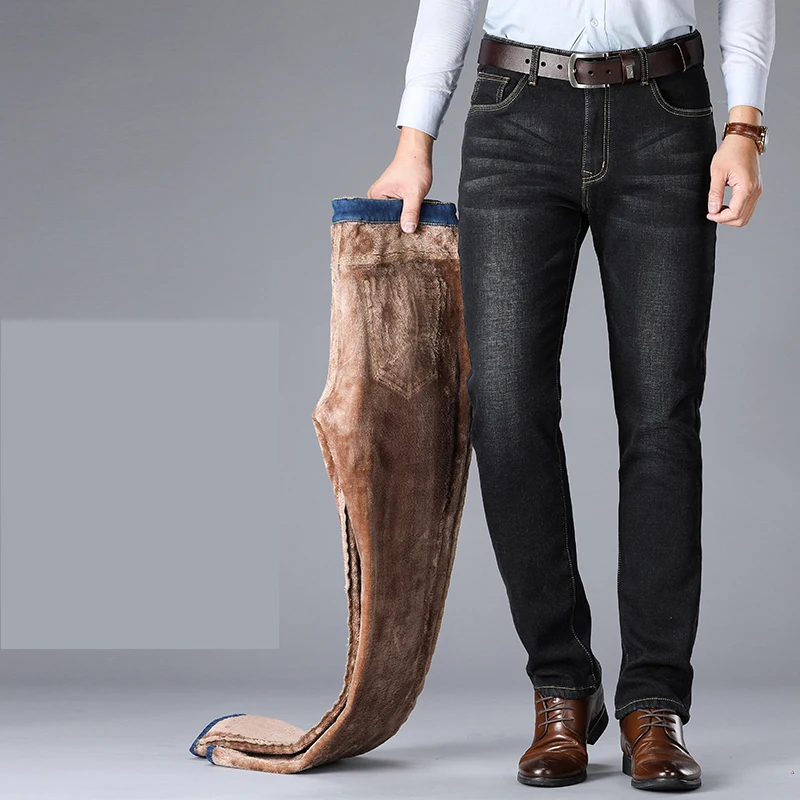 Winter Men's Warm Jeans Classic Style Fashion Casual High Quality Retro Blue Thicken Denim Trousers Male Brand Pant