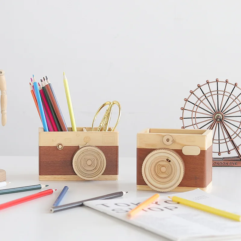 

New creative wooden camera pen holder Home office desk personality decoration camera makeup brush storage box