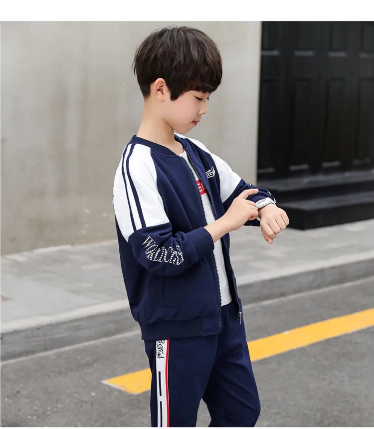 Children's clothing spring autumn new simple boy suit long-sleeved zipper color matching coat+ pants 4-14 baby boy clothes