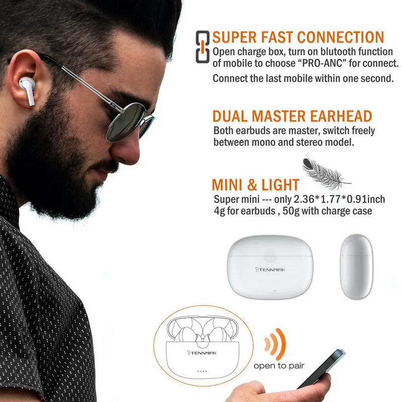 TWS ANC True Wireless Active Noise Canceling Earphones,TENNMAK PRO-ANC Bluetooth Earbuds, 30Hrs Play Time,Wireless Charge 4