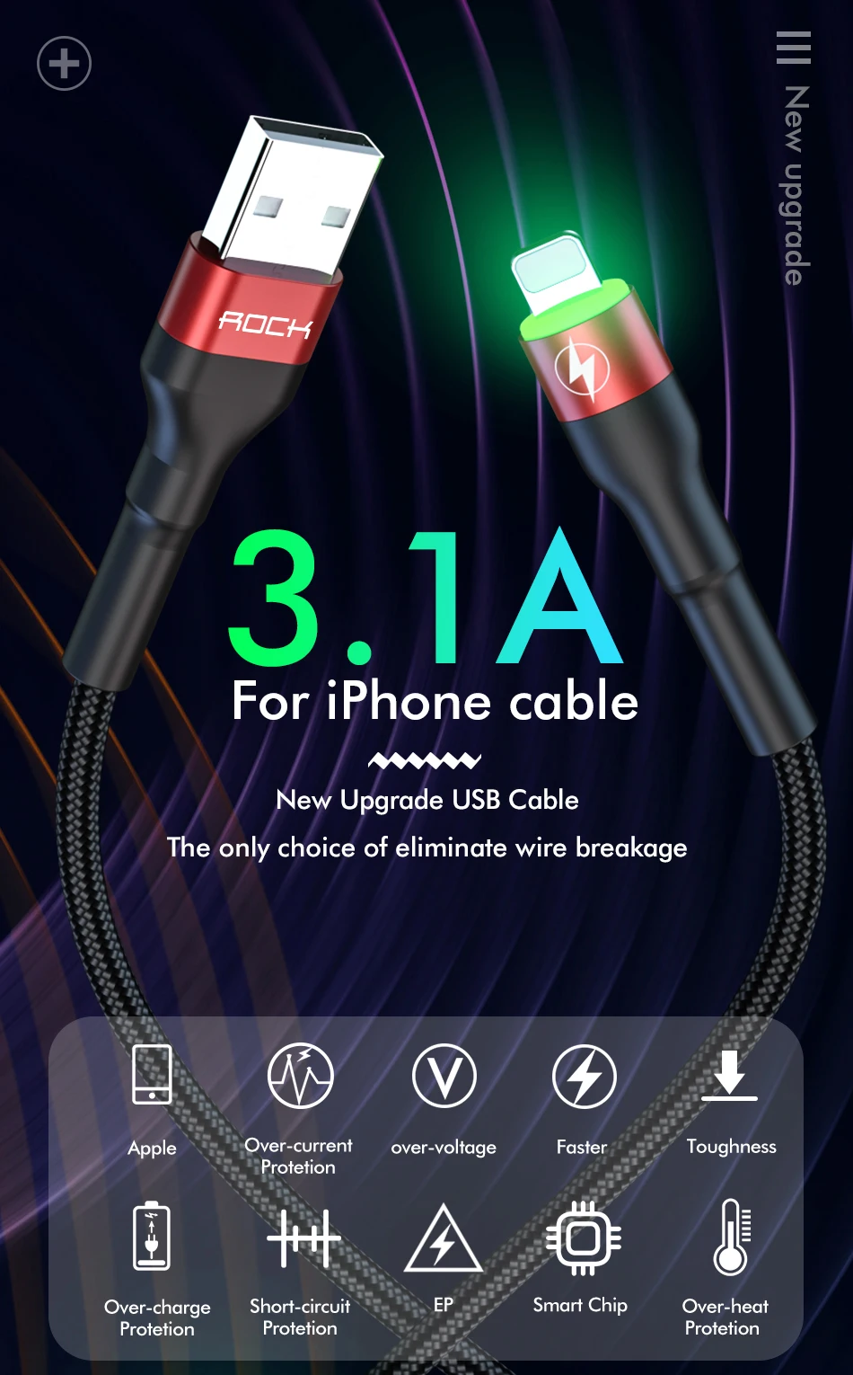 ROCK 3.1A USB кабель для iPhone 11 Pro Max Xs Xr X 8 7 6 Plus 6s ipad Быстрая Зарядка Синхронизация данных провод зарядное устройство для мобильного телефона шнур