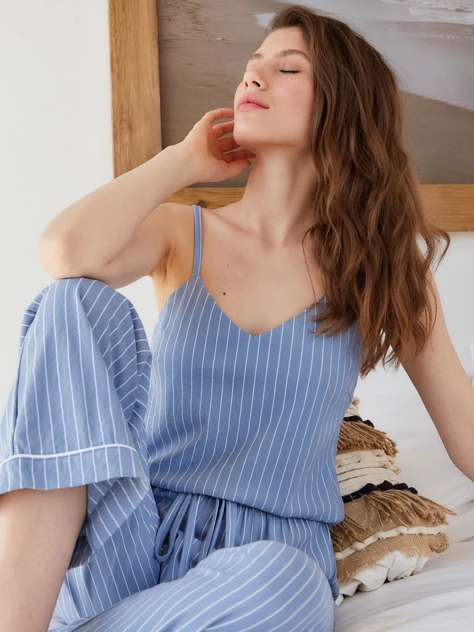 Waliicorners Outfits Low Cut Sexy Woman Nightie Trouser Suits Sleeveless Striped Pajamas Spaghetti Strap Sets 10 H65c3b69f134844649eb8deedcf7d459ev