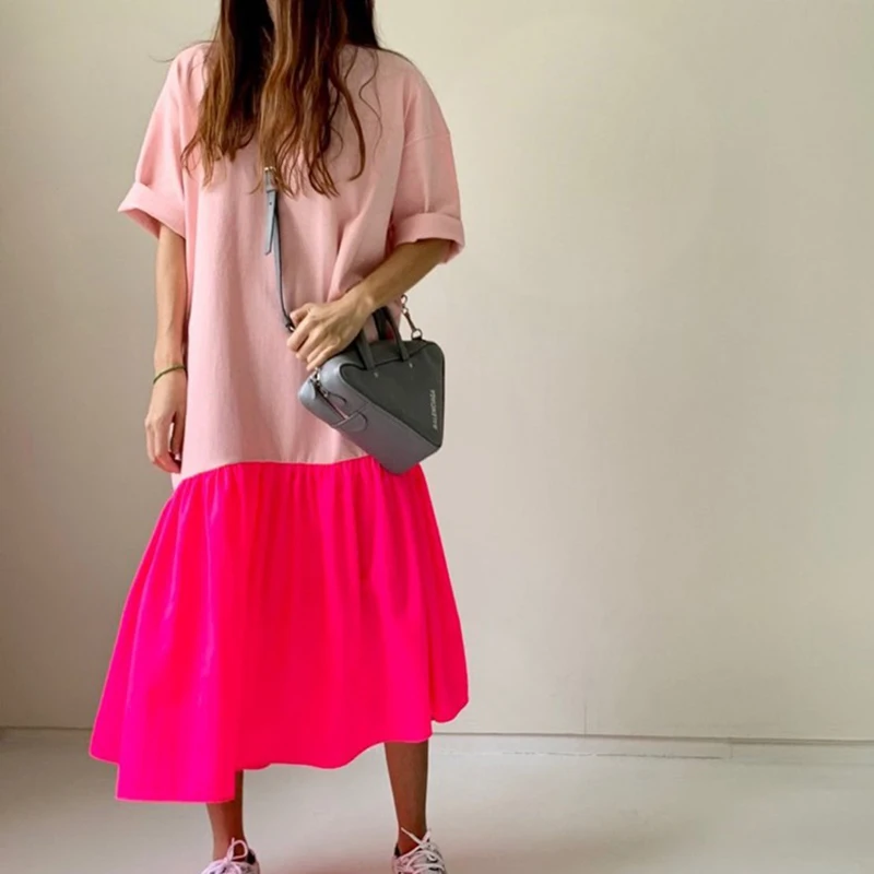 详情 (3).jpg TWOTWINSTYLE Elegant Patchwork Hit Color Dress Women O Neck Half Sleeve Oversize Casual Midi Dresses Female 2020 Summer Clothes