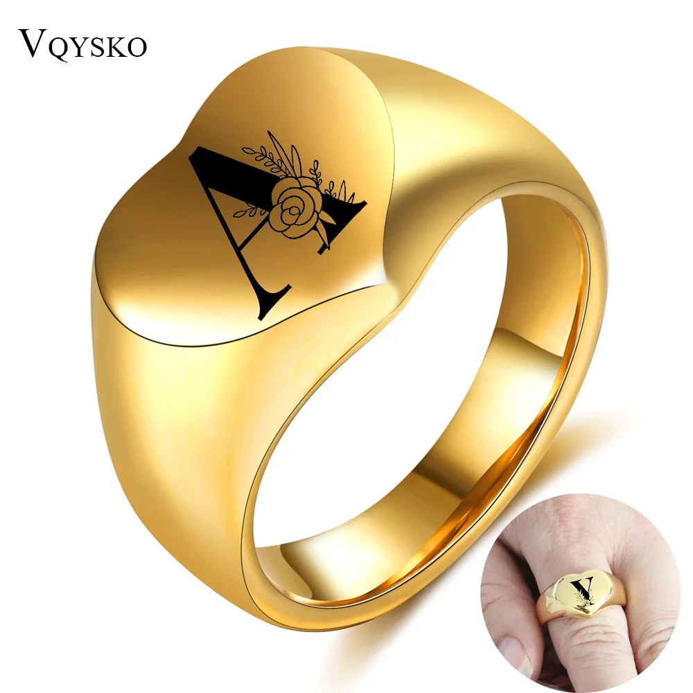 Anillos de corazón con iniciales de flores para hombre y mujer, sello pesado, banda de letras de acero inoxidable, regalo de joyería personalizado