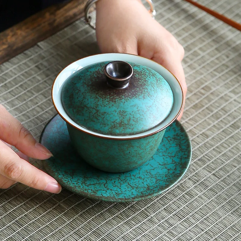 Vintage Gaiwan For Tea Pottery Tureen With Lid Green Teaware Kung Fu Tea Ceremony Set Coffee Cups Bowls Chawan 150ml