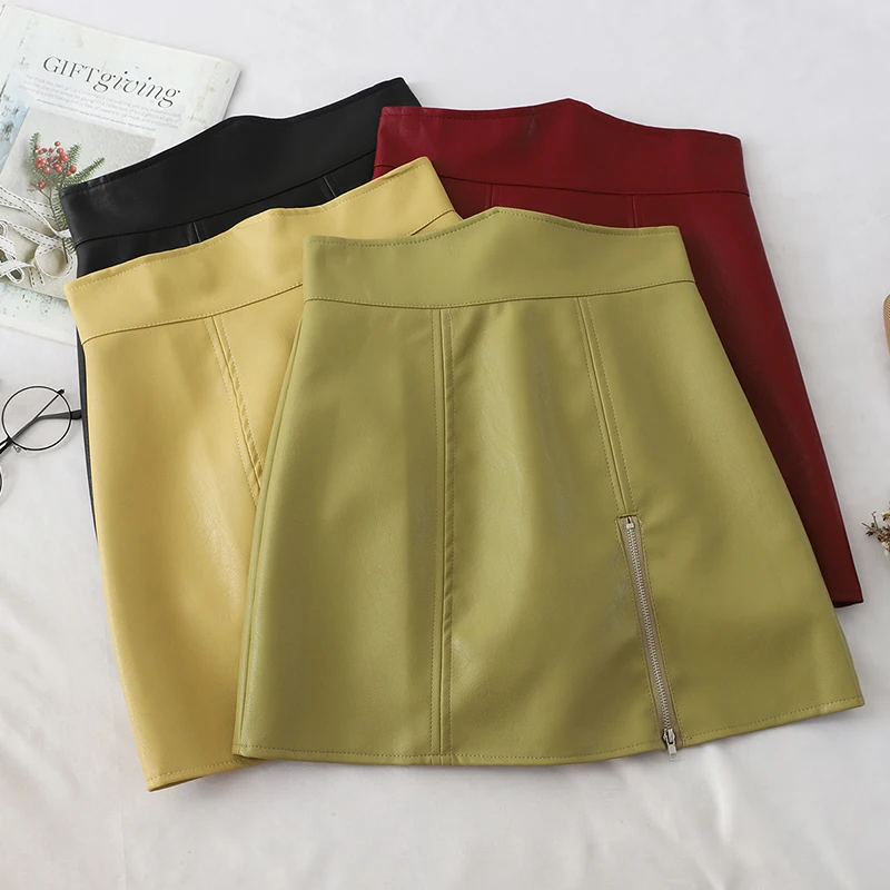 

Zipper mini short Skirt Women 2019 Autumn Winter New High Waist pu leather Skirt Solid Hip Wrap A-line