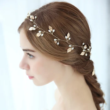 

NPASON Golden Pearl Leaf Headband Bridal Hair Accessories Wedding Headbad 100 cm Long Headband For Bride Women Accessories