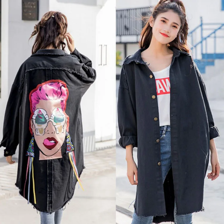 

2018 Spring New Style Mid-length Black And White with Pattern Burrs Jeans Coat College Style Cool Graffiti Ribbon WOMEN'S Trench