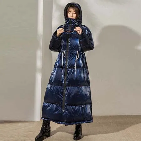 Зимний женский длинный пуховик большой разме свободный с капюшоном женское верхняя одежда толстый теплый пальто шикарный YNZZU 9O099 90% белый утиный пух - Цвет: Синий