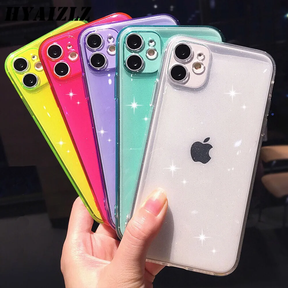 

Glitter Fluorescent Case for iPhone 11 Pro Max XS XR X SE 2020 6 7 8 Plus Fashion Camera Protection Cover Clear Soft TPU Coque