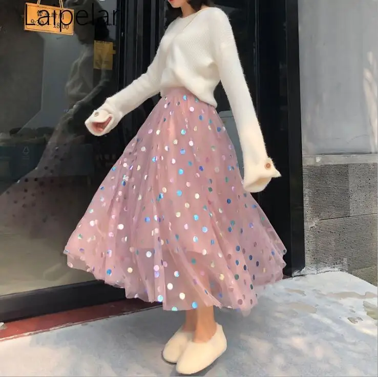 Women Sequined Shinning High Waist Midi Colorful Polka Tulle Skirt For Women Princess Women Skirt Saia Stretch Long Mesh Skirt