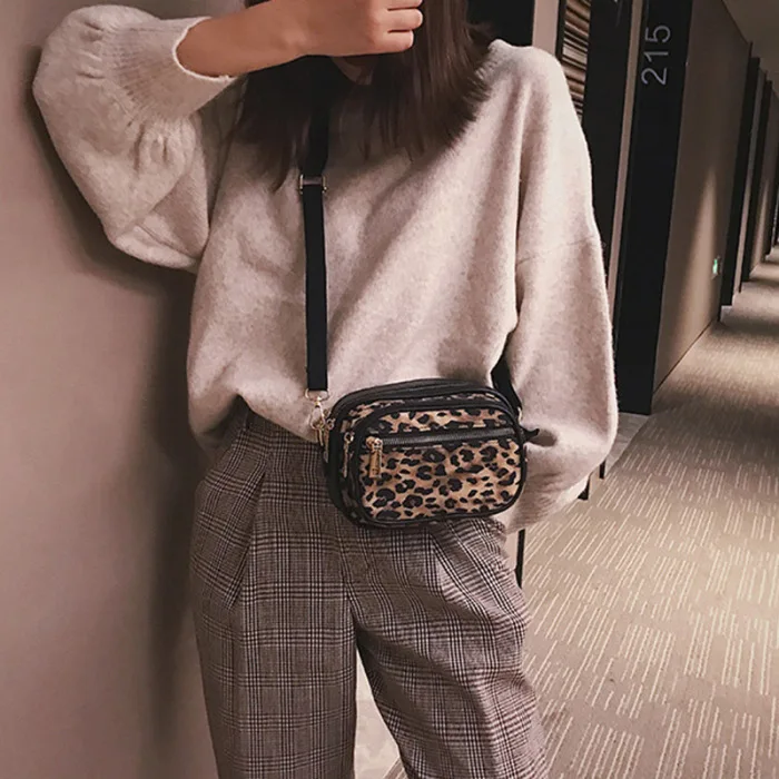 Leopard Print Messenger Bag Multiple Compartments Zipper Shoulder Crossbody Small Women Bag K-BEST