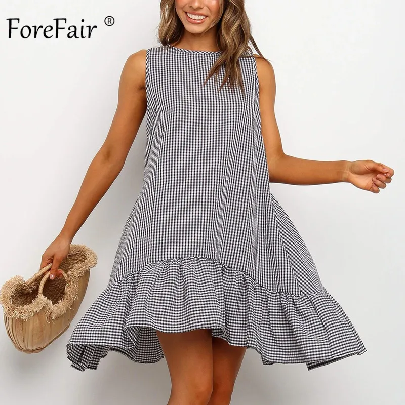 Xadrez o Pescoço Fora do Ombro Vestido de Verão Anteparo Casual Boho Verão Vestido Tamanho Grande Solto Plissado 2020 Mulheres Beach Dress