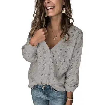 

Sweater women's autumn / winter 2020 Crochet hollow V-Neck long sleeve cardigan