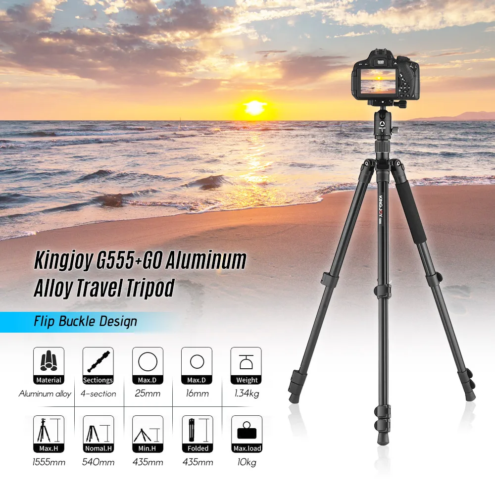 Kingjoy G555+G0 4-Section Travel Tripod Detachable Monopod with Panoramic Ball Head Flip Buckle Design for Canon Sony Nikon