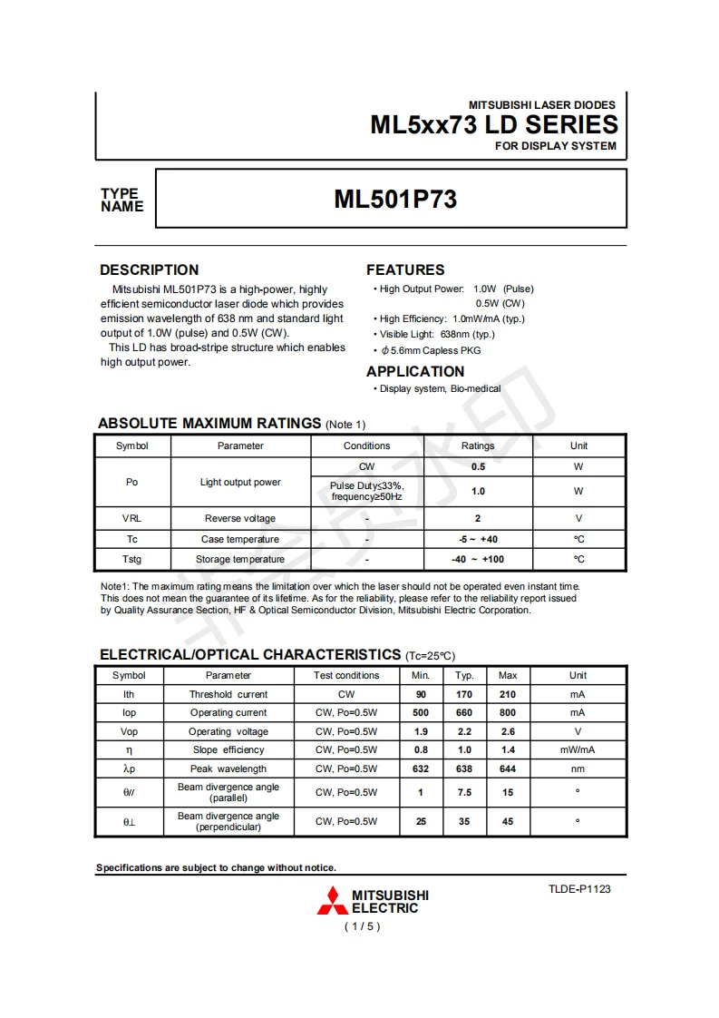 Mitsubishi ML501P73 02 φ 500 мм красный 0 5 нм МВт Вт лазерный диод (импульс 1 Вт)|Эффект