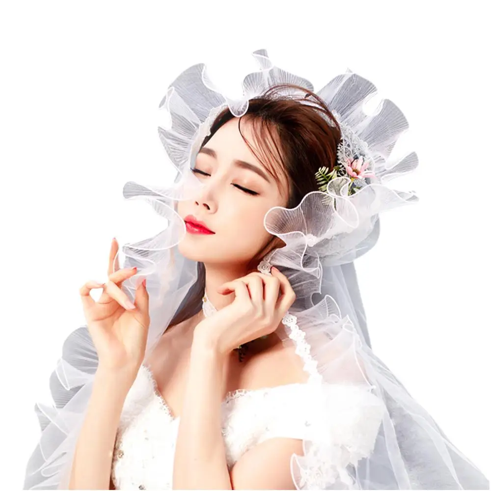 1.5m Single Layer Women Soft Mesh Short Wedding Veil Cover Face Wavy Agaric Ruffles Lace Trim Classic Bridal Hair Accessories