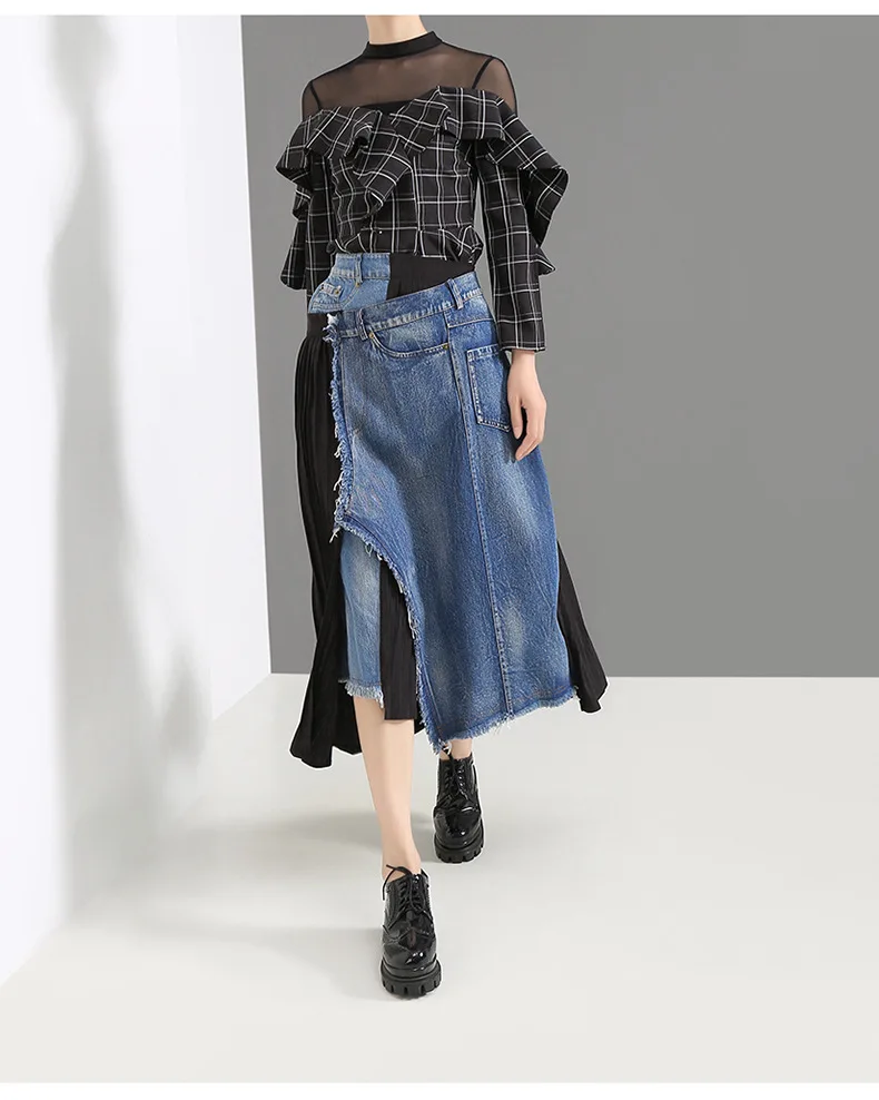 SuperAen Europe High-waist Denim Stitching Skirts Women Winter and Autumn New Ladies Skirts Irregular Solid Color Skirts