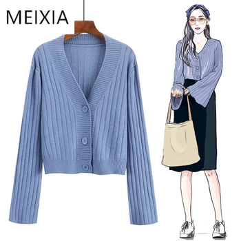 

MEIXIA Autumn Winter Women Sweater Casual V-Neck Flare Sleeve Single Breasted Computer Knitwear Solid 4 Colors Sweater Cardigan