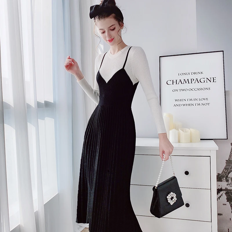 

Dabuwawa Sweet Patchwork Long Knit Pleated Dress Women Long Sleeve O-Neck Knitted Elegant Dresses Female Office Lady DT1ADR037