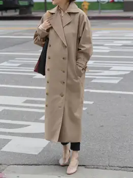 

Double Breasted Women Long Trench Coat Simple Solid Color Outerwear Autumn Winter Clothes