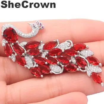 

61x26mm Classic Long Big Heavy 13.6g Peacock Shape Red Blood Ruby CZ Gift Silver Brooch