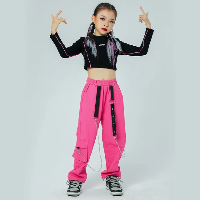 Ropa de baile moderno de Jazz para niñas, Tops negros, pantalones de Hip Hop rosas, ropa de calle, baile de salón, ropa de Rave, _ AliExpress Mobile