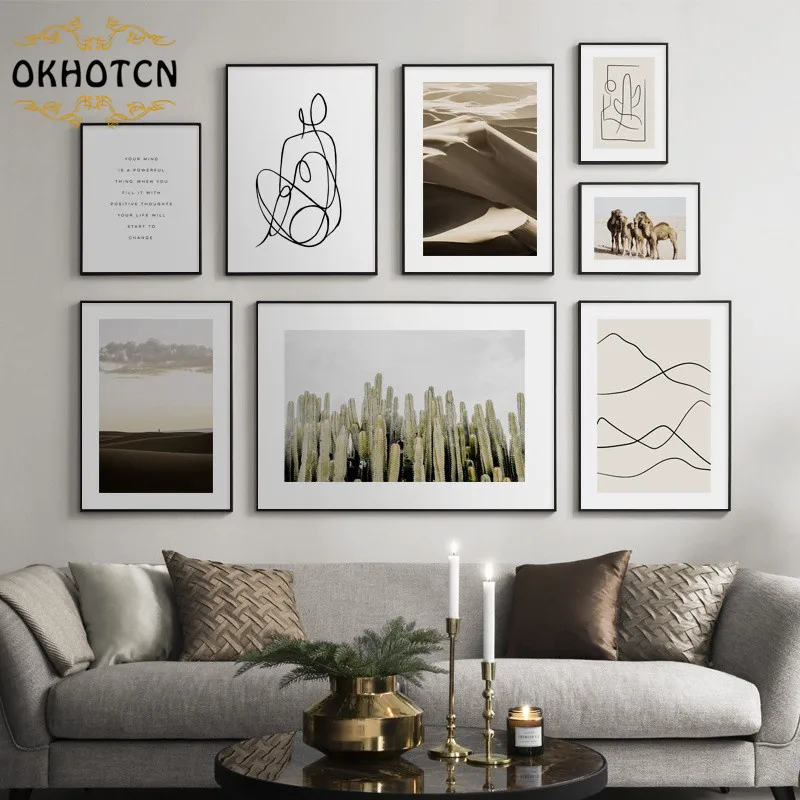 Абстрактная линия искусство холст живопись кактус пустыня пейзаж плакат