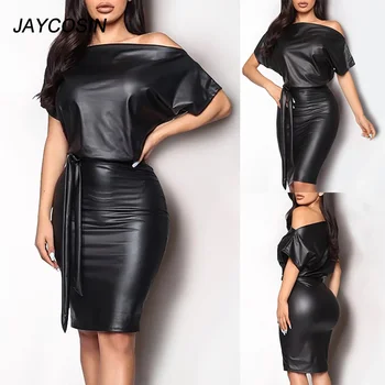 

Black Asymmetrical Sexy Faux Leather Bodycon Dress Women 2020 Summer Long Sleeve Knee Length Pencil Dresses Dropshipping Z1219