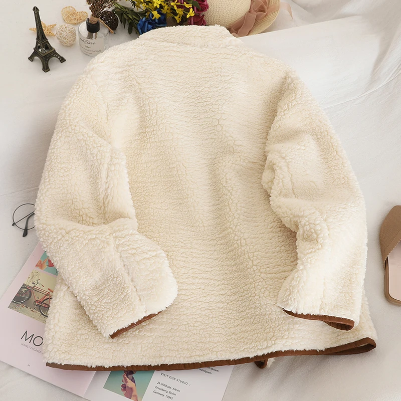 MUMUZI Stand collar color stitching cpat with leather pocket lambs jacket fashion autumn and winter new warm coats
