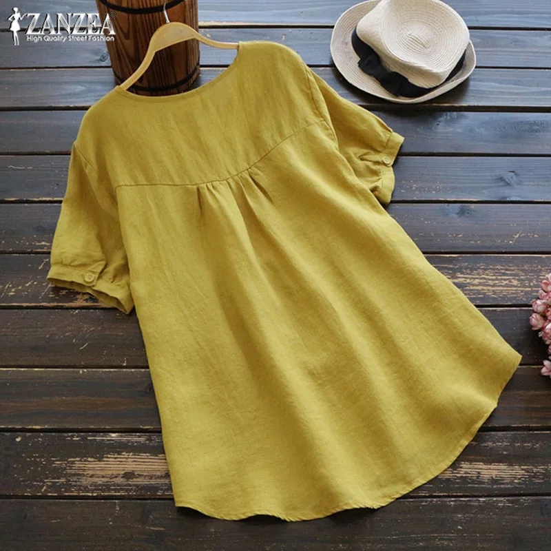  Women's Embroidery Blouse 2019 ZANZEA Kaftan Linen Tops Button Floral Blusas Female Short Sleeve Sh