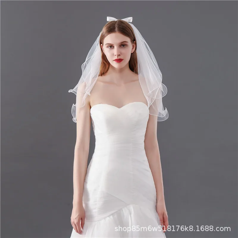 

White Bow Double-layer Small Veil with Side Hair Comb Photo Tiara Bride Wedding Veil Special Offer Cathedral Wedding Veil Short