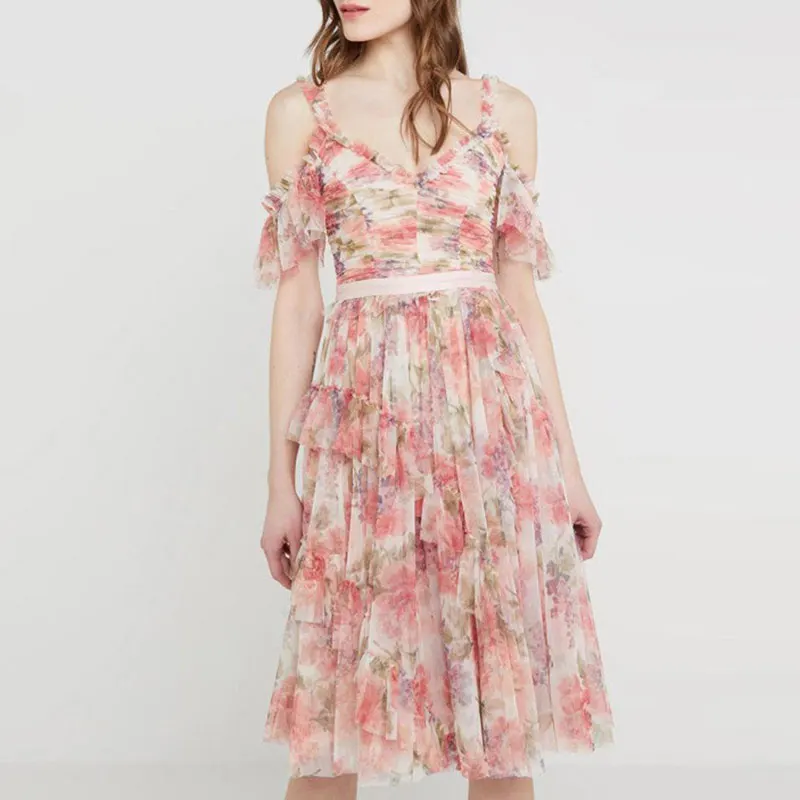 Розовый цветочный принт женский сарафан шифоновое платье с оборками Boho шикарное сексуальное с v-образным вырезом короткий рукав Спагетти ремень миди пляжное платье