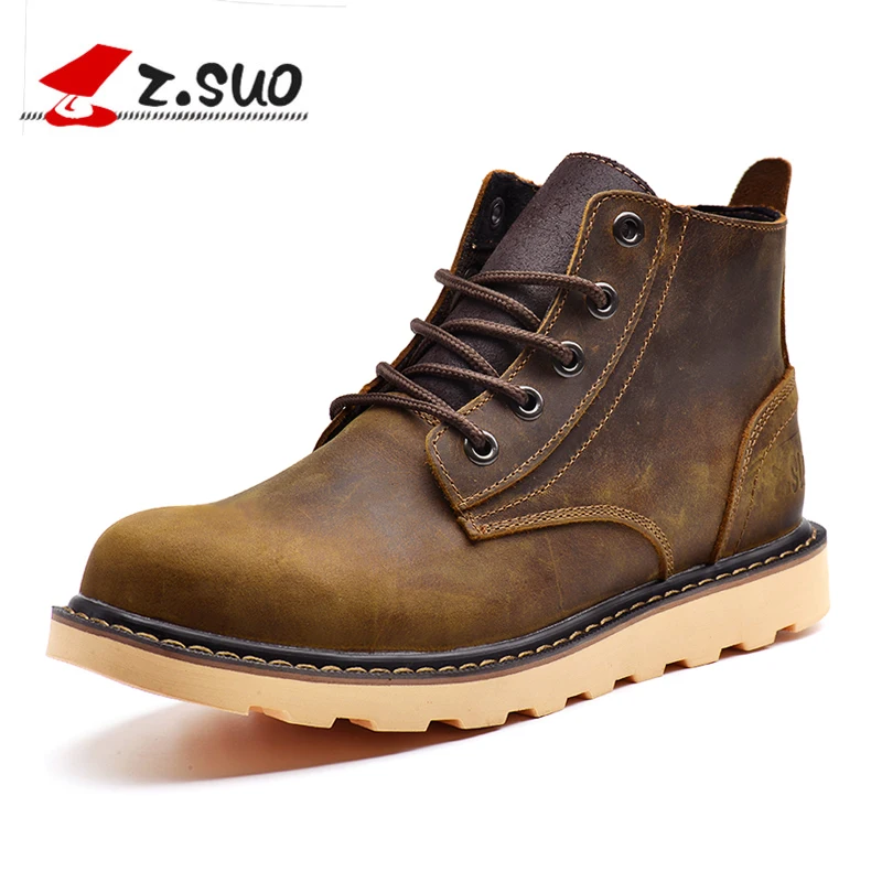 

Z.SUO Winter Men's Boots Plush Handmade Genuine Leather Casual Lace Up Boots Men Shoes zapatos de hombre
