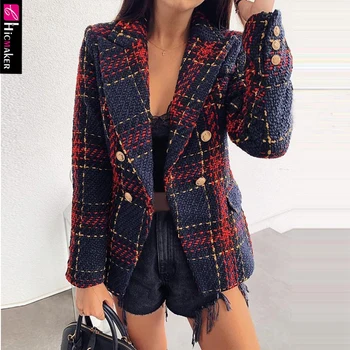 

Notched Collar Double-breasted Plaid Blazer Women Long Sleeve Spring Fall Elegant Street Wear Top Grid Blazer