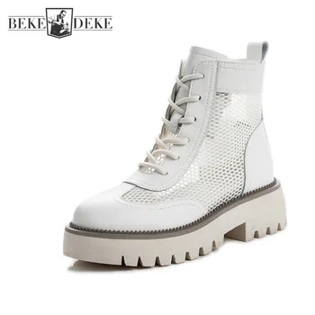 

Summer Breathable Mesh Boots Women Patchwork Lace Up Round Toe High Heel Leather Shoes Fashion Female Ankle Length Work Boots